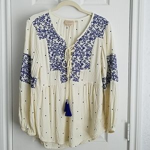 Anthropologie Cream/Blue Peasant Blouse, Size 8